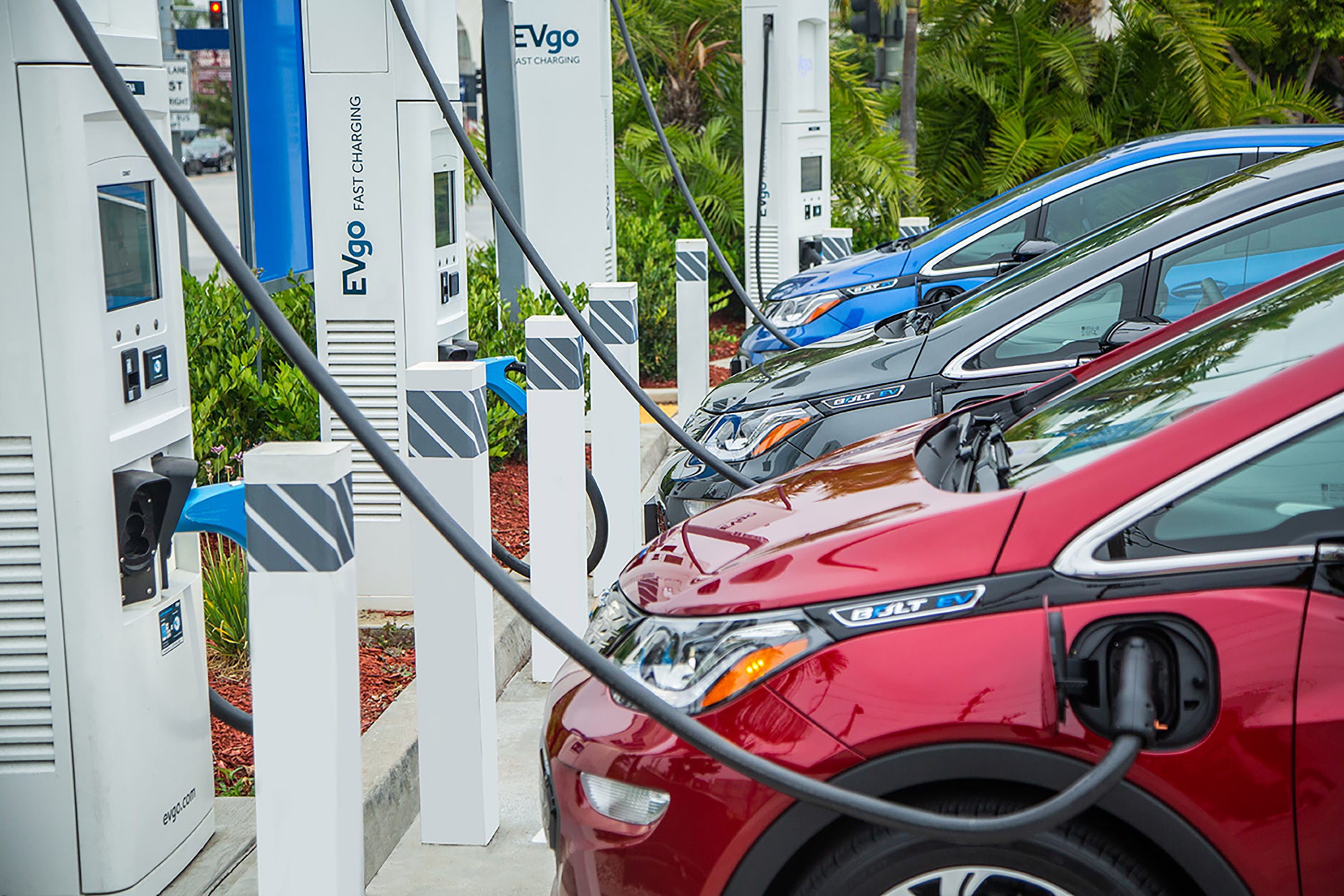  A row of electric vehicles are plugged in and charging at a public charging station.